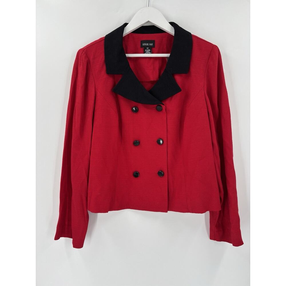 Vintage Leslie Fay Jacket Womens 16P Red Black Double Breasted 80s 90s Collared